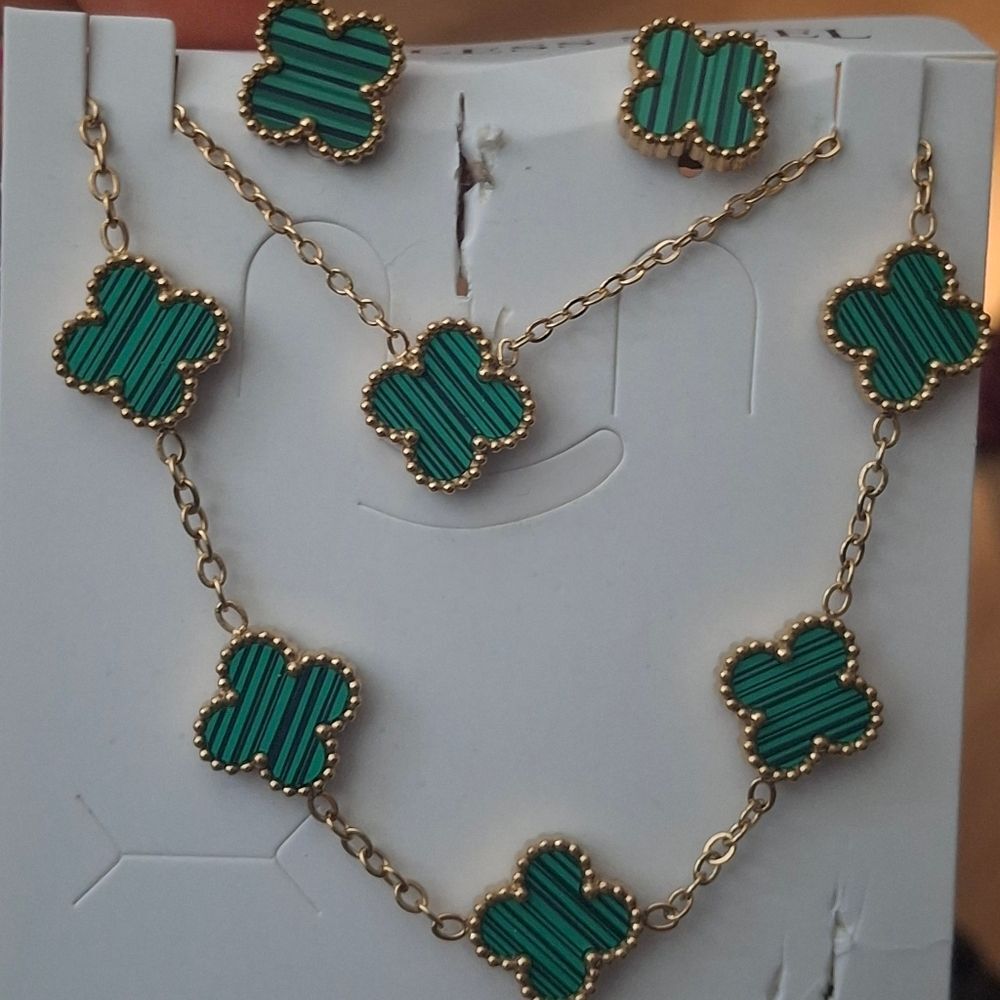 18K Gold Plated Green Alhambra Clover Motifs Set of Bracelet Earrings & Necklace